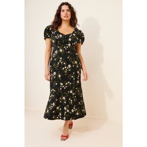 NWT Size 1X - Anthropologie Linen Blend smocked Puff-Sleeve Midi Dress ( US$178)